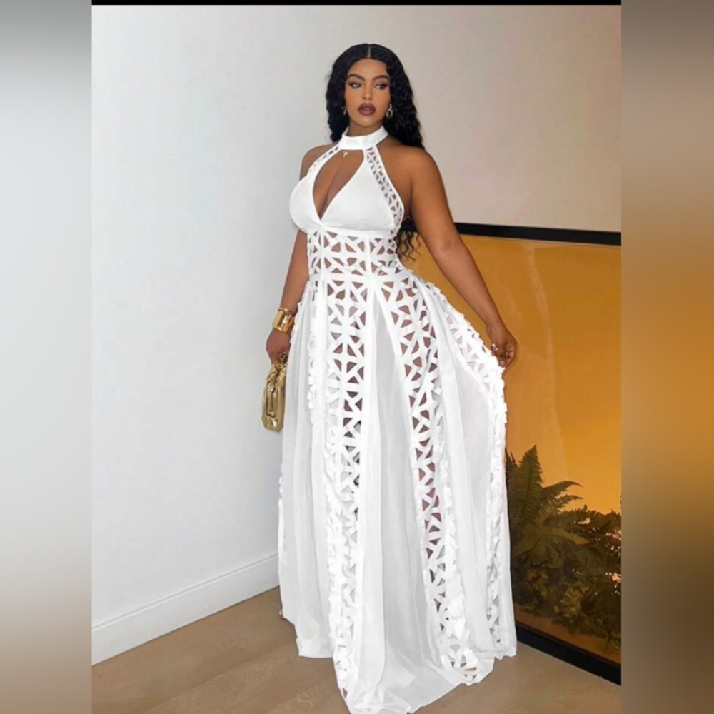 Elegant White Halter Maxi Dress - Picture 2 of 4